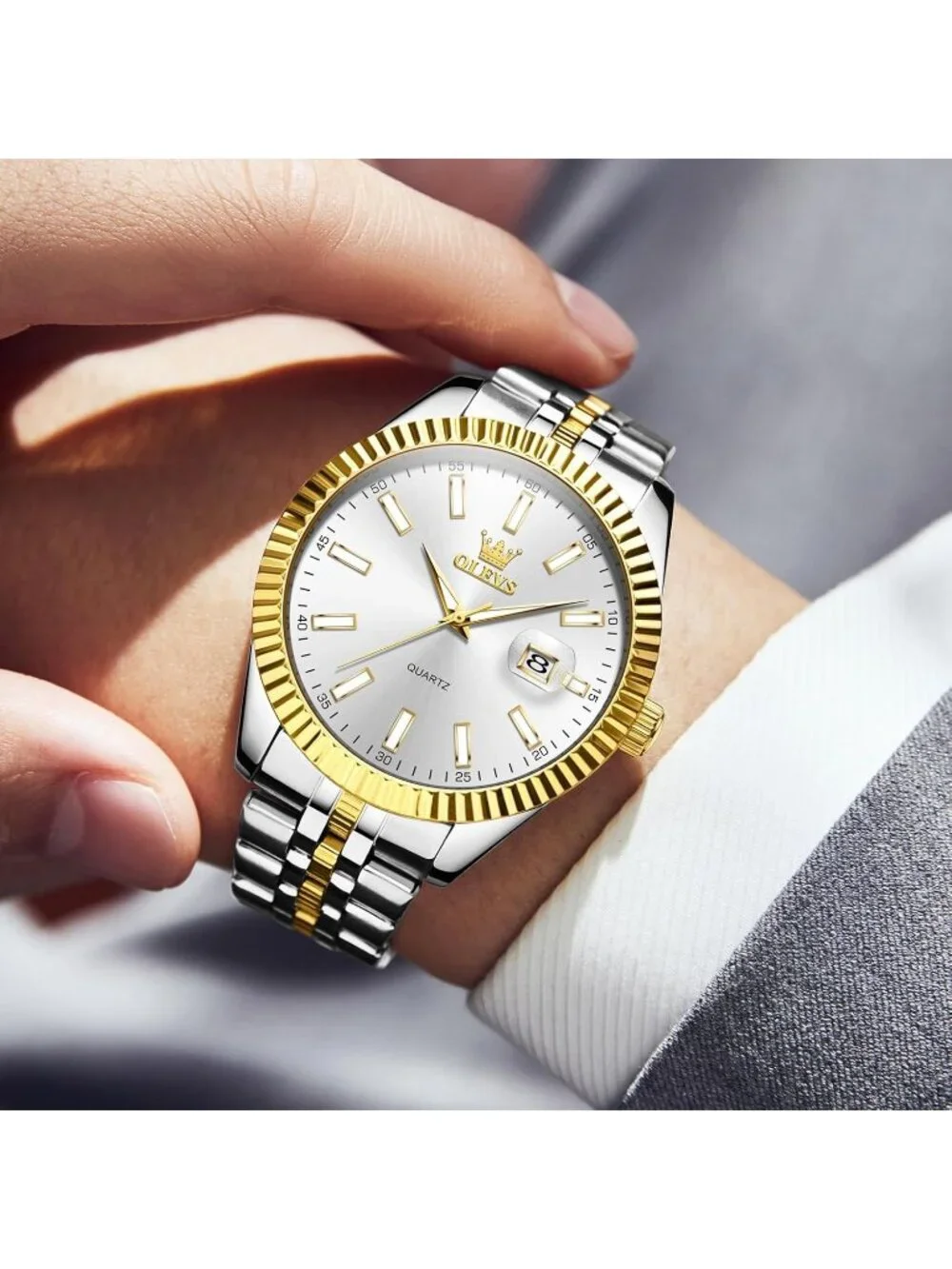 Olevs Mens Silver Gold Luxury Stainless White Face Analog Quartz Luminous Watch